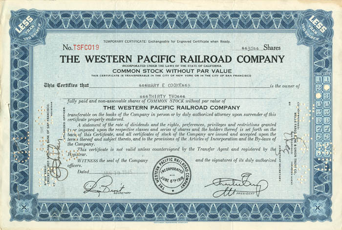Western Pacific Railroad Co. - Stock Certificate
